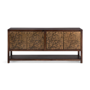 Classic Home Avara 4-door brown buffet cabinet with sleek wood finish and spacious storage compartments.