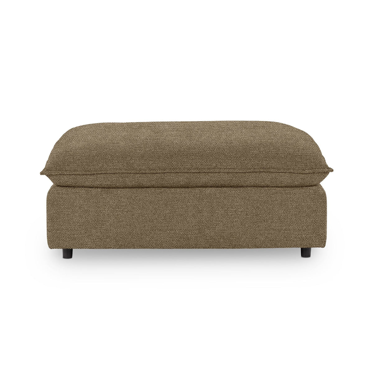 Classic Home Caplan upholstered ottoman with plush fabric and wooden legs, versatile piece for living room or lounge area.