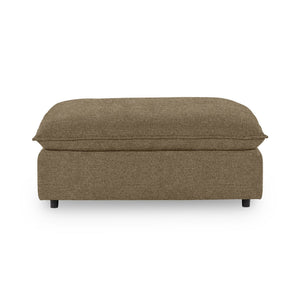 Classic Home Caplan upholstered ottoman with plush fabric and wooden legs, versatile piece for living room or lounge area.