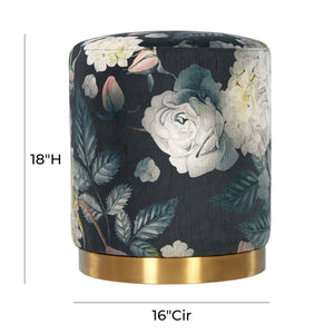TOV Furniture floral velvet ottoman with dark gray upholstery and gold metal base, decorative and plush for living room decor.