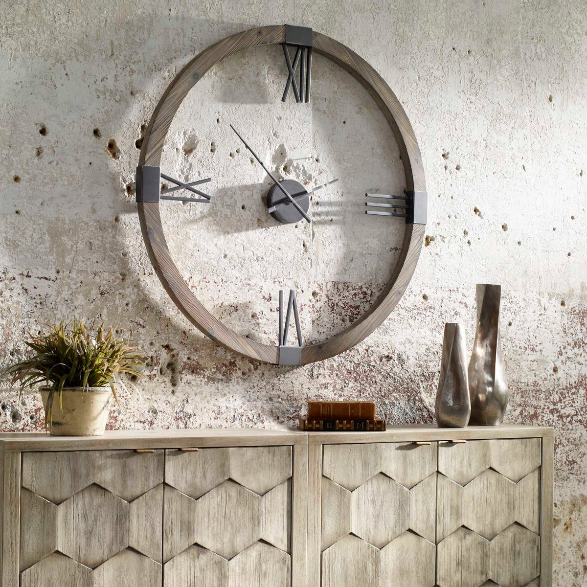 Uttermost Marcelo modern wall clock with light brown wooden frame and minimalist design for contemporary home decor.