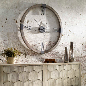 Uttermost Marcelo modern wall clock with light brown wooden frame and minimalist design for contemporary home decor.