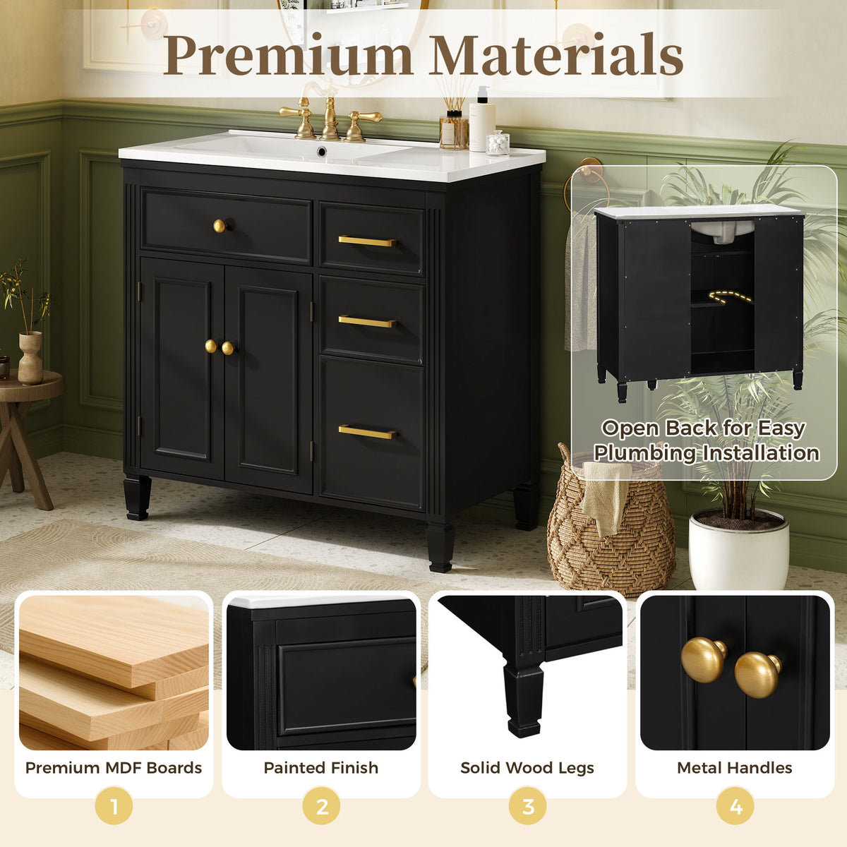 Bathroom Vanity With Sink Top, 3 Soft Closing Drawers