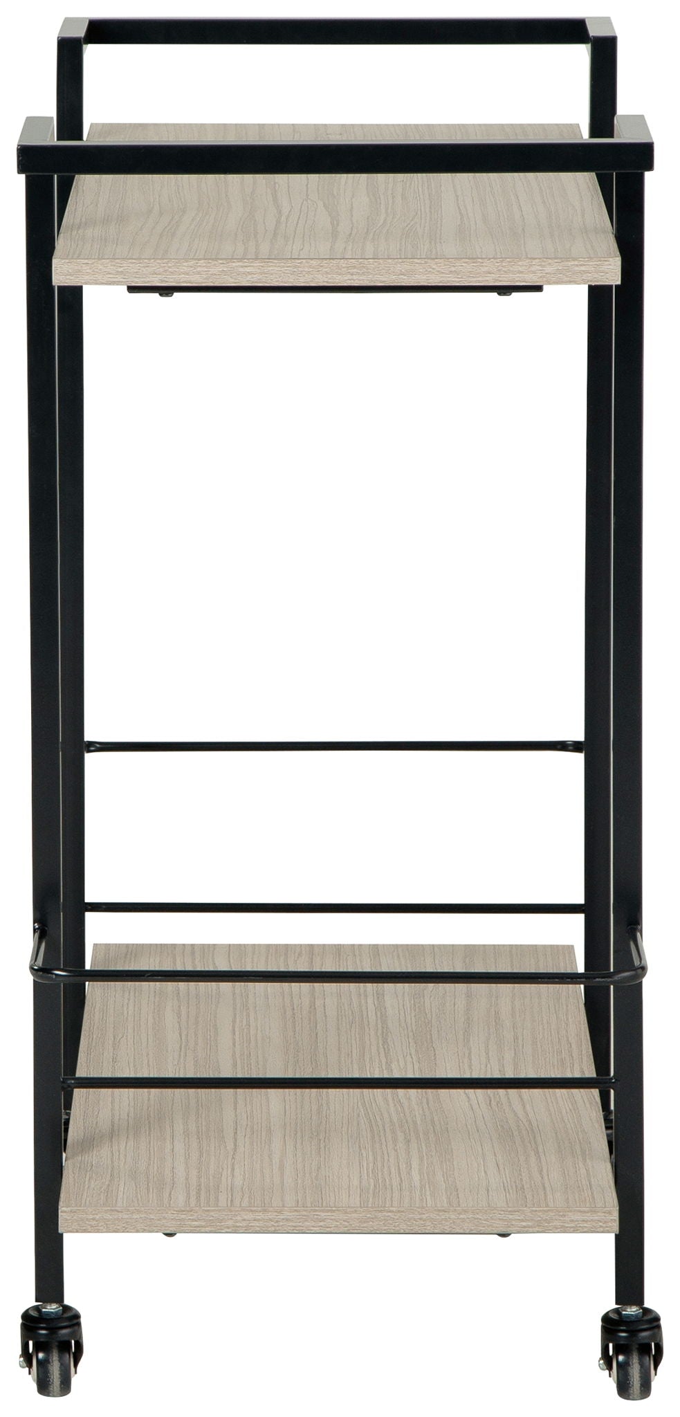 Signature Design by Ashley Waylowe bar cart with metal frame and wood shelves, featuring wheels for easy mobility.