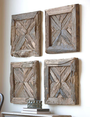 Uttermost Rennick reclaimed wood wall art in light brown, rustic wall decor with a natural, textured wooden design.