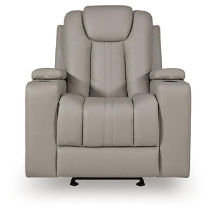 Signature Design by Ashley Elevate Edges Glider Recliner in Coin fabric, showcasing plush cushioning and smooth gliding motion.