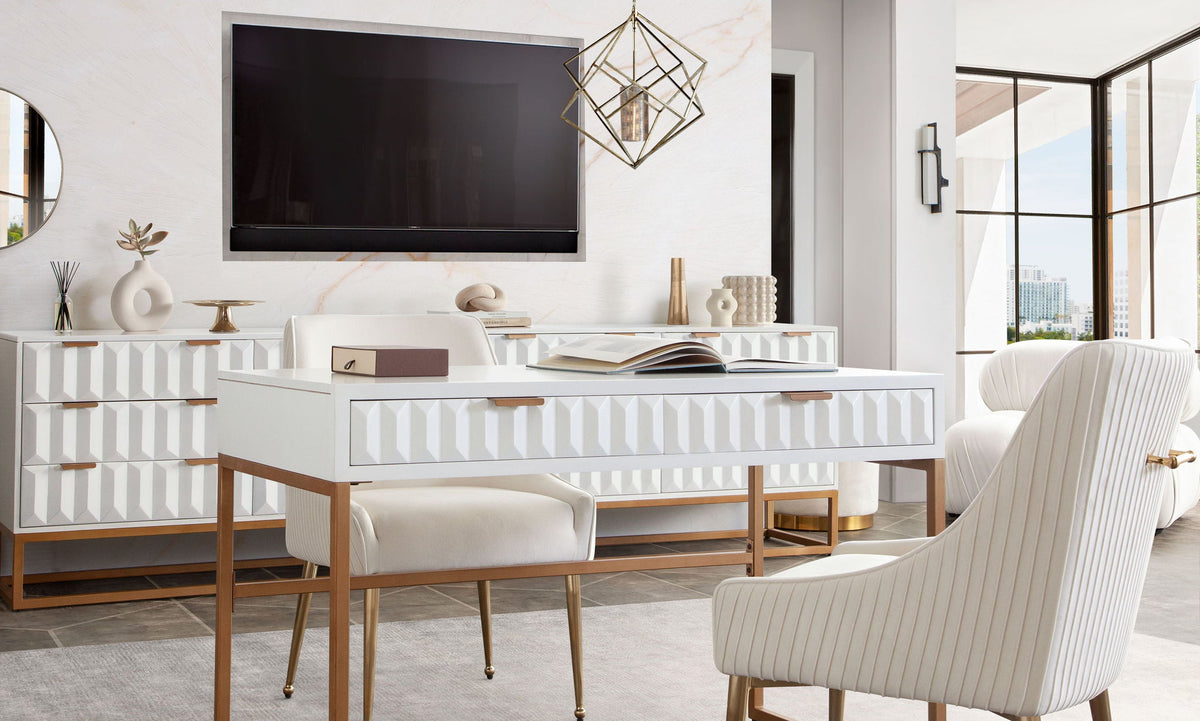 Spectrum 2-Drawer Solid Mango Wood Desk in White Finish w/ Gold Finished Iron Legs by Diamond Sofa