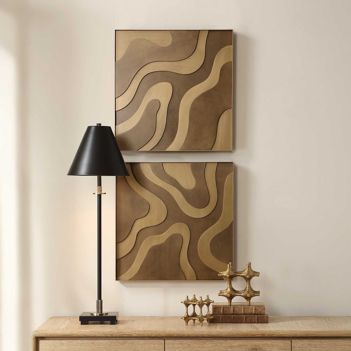 Golden Terrain - Wooden Wall Decor (Set of 2) - Brown / Gold