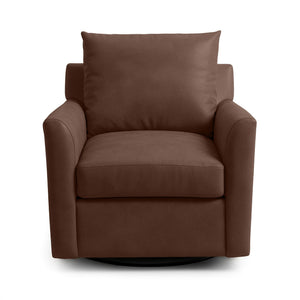 Classic Home Olivia swivel chair with a plush cushioned seat and curved backrest, shown in a stylish modern living room setting.