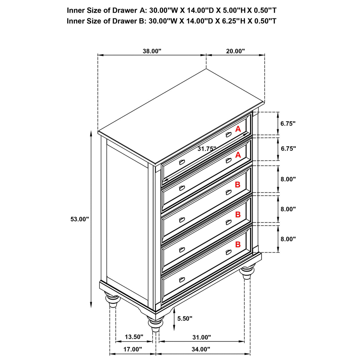 Berwick - 5 Drawer Chest With Felt Lined Top Drawers - Dark Oak
