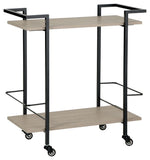 Signature Design by Ashley Waylowe bar cart with two shelves, metal frame, and casters for mobile beverage storage and serving.