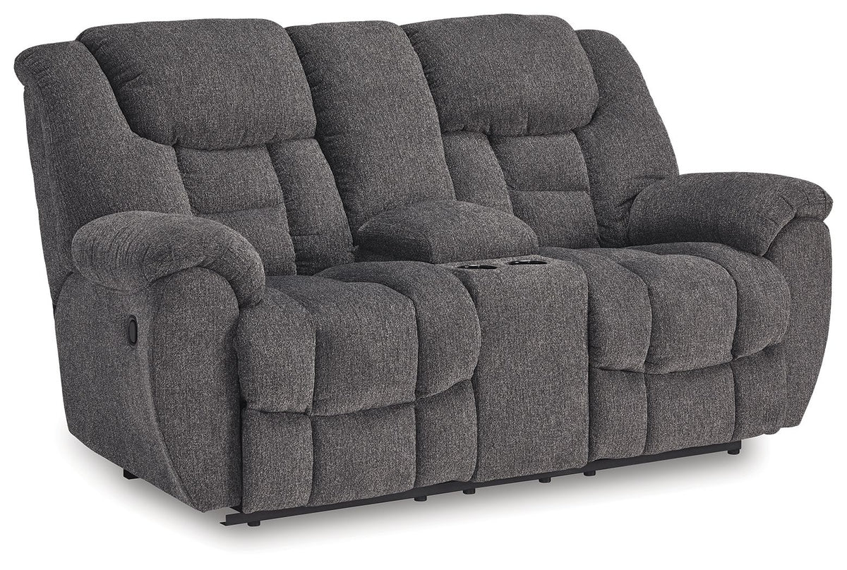 Foreside - Dbl Reclining Loveseat with Console - Charcoal - R&R Furniture Gallery (Fountain Valley, CA)