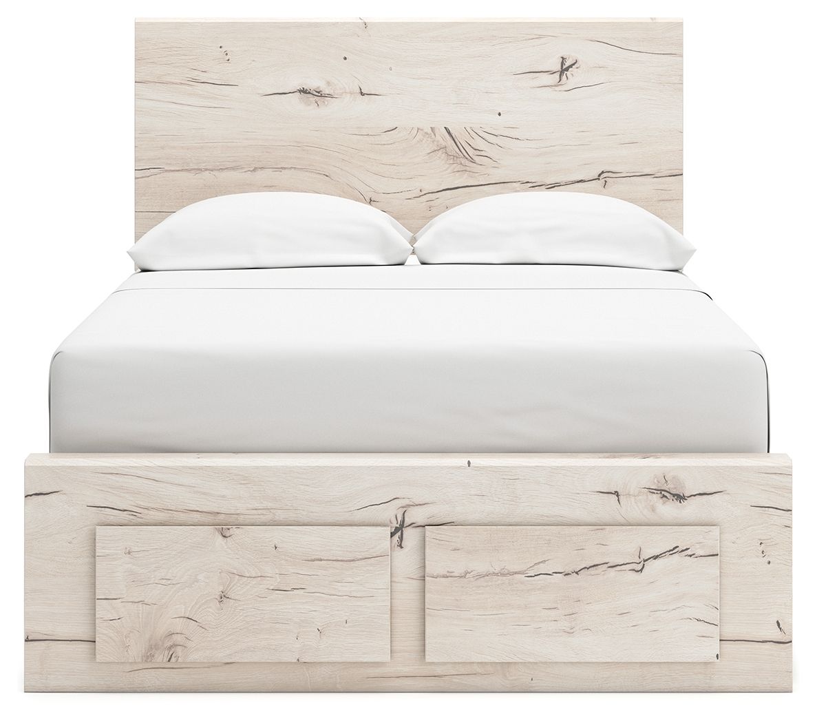 Signature Design by Ashley Lawroy panel storage bed with built-in drawers and modern wood finish in a cozy bedroom setting.