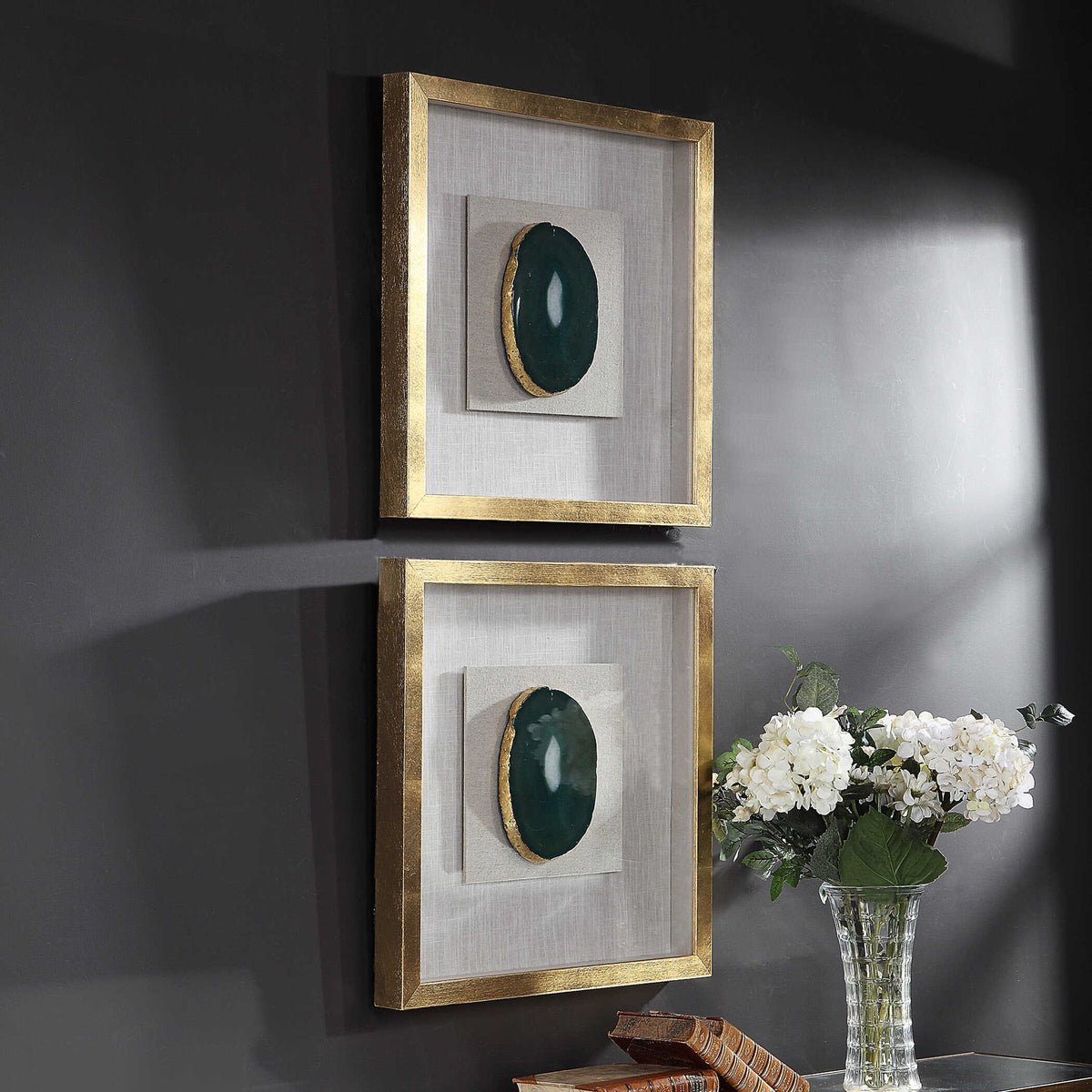 Keeva Agate Stone Shadow Box wall decor by Uttermost featuring gold accents and a natural agate stone design.
