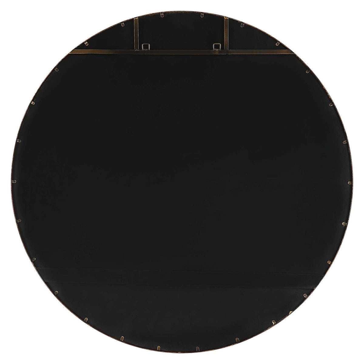 Uttermost Junius round wall mirror with a sleek frame, hanging on a wall, showcasing modern home decor.