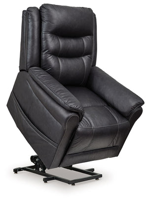 Signature Design by Ashley Oatman Power Lift Recliner in plush fabric with padded armrests and adjustable recline.