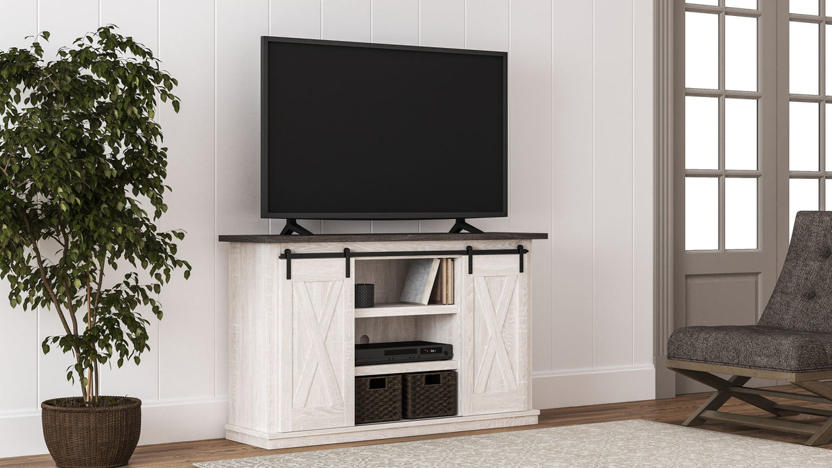 Signature Design by Ashley Dorrinson TV stand with open shelves and storage compartments, crafted from dark wood for modern living rooms.