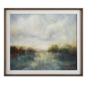 Blue Reverie - Framed Abstract Lake Print - Light Brown