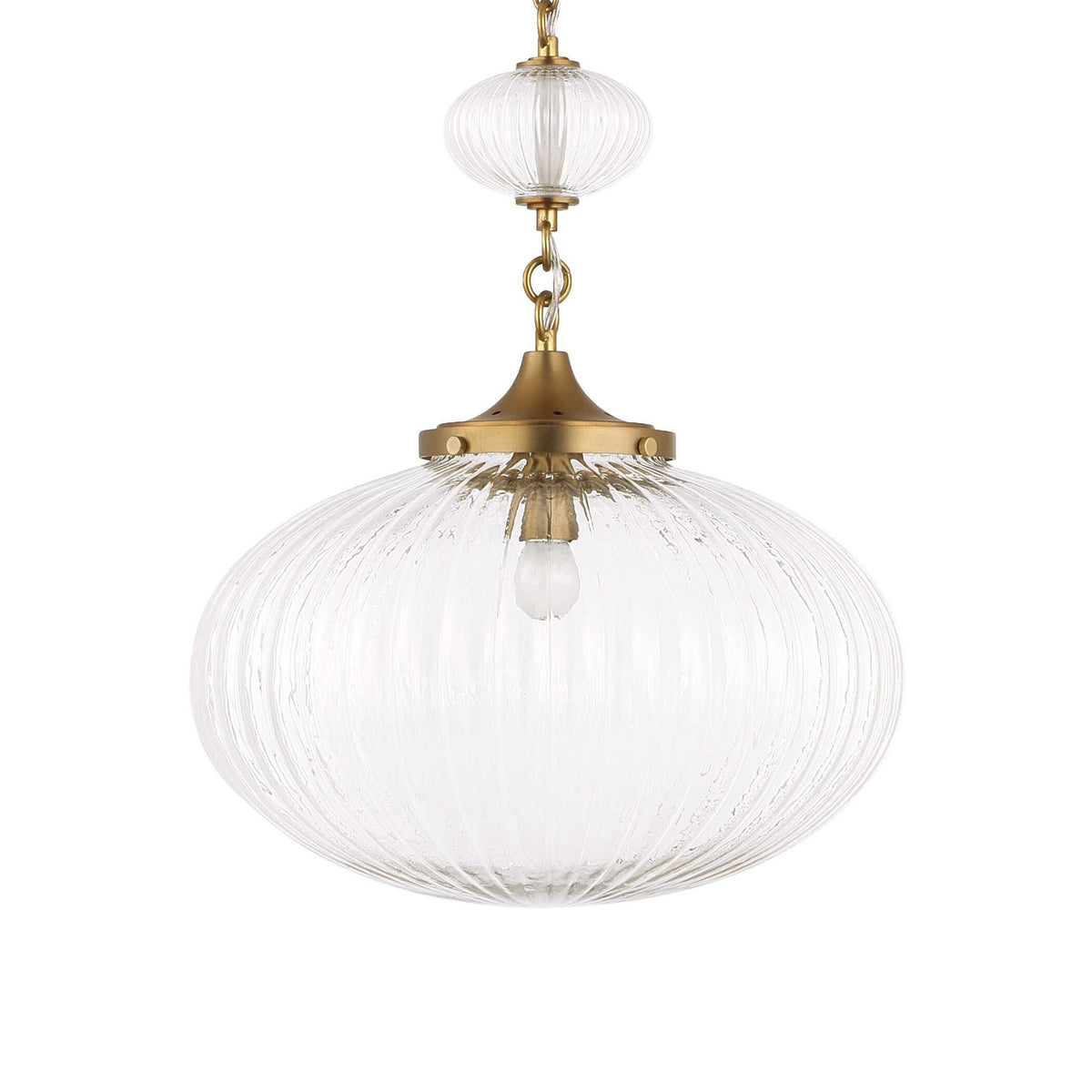 Uttermost Bellaire 1-light pendant with gold finish and glass shade hanging from a ceiling mount.