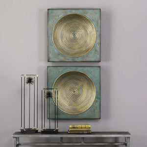 Pair of Uttermost Sybil Squares wall decor in antique gold, featuring geometric design for modern interior accents.