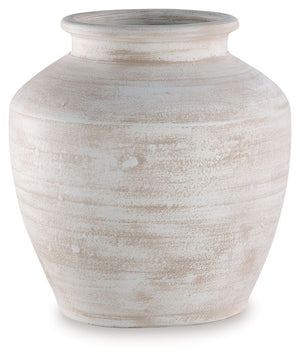 Signature Design by Ashley Meadie 12-inch vase with a sleek, modern ceramic design and neutral finish.