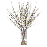 Quince Blossoms - Silk Centerpiece, Plant In A Clear Glass Vase - Dark Brown