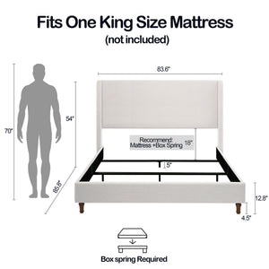 Hayden House & Home Furniture king size upholstered wingback bed with tall 54-inch ivory headboard