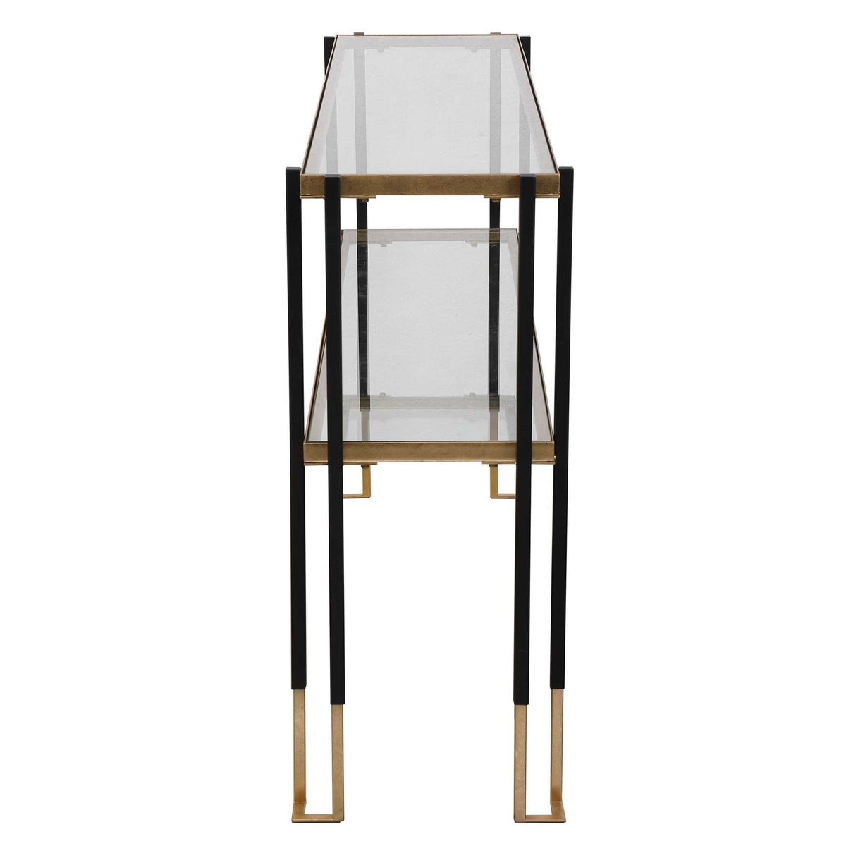 Uttermost Kentmore glass console table with sleek metal frame and clear glass top, modern design for entryway or living room.