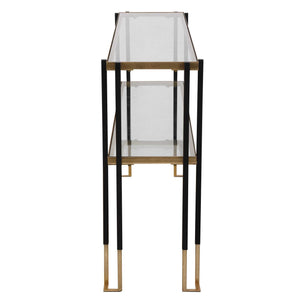 Uttermost Kentmore glass console table with sleek metal frame and clear glass top, modern design for entryway or living room.