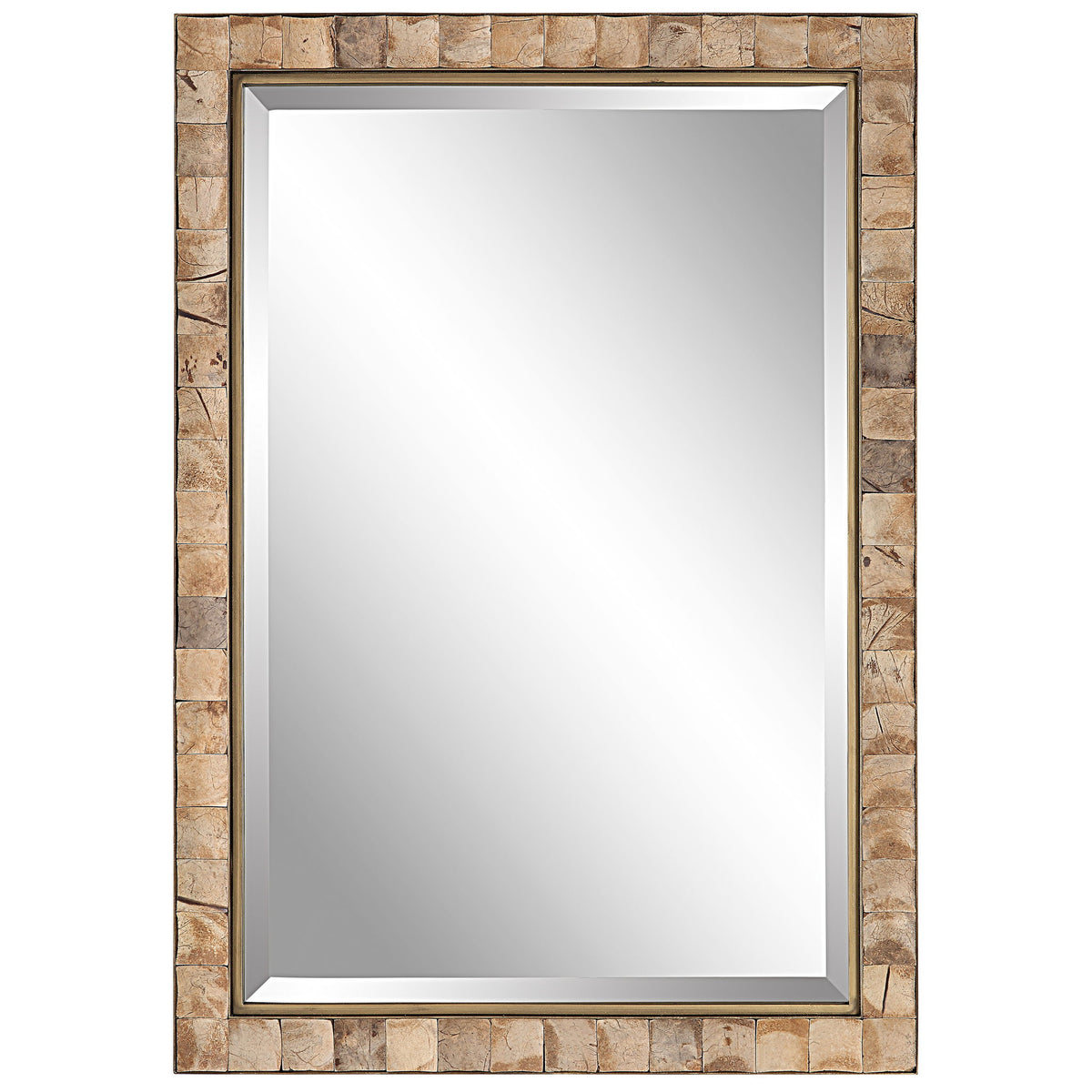 Light brown coconut shell accent mirror by Uttermost featuring a round, textured coconut shell frame for natural decor.