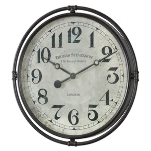 Nakul industrial wall clock by Uttermost with a Pearl Silver finish, featuring a round shape and vintage-inspired design.