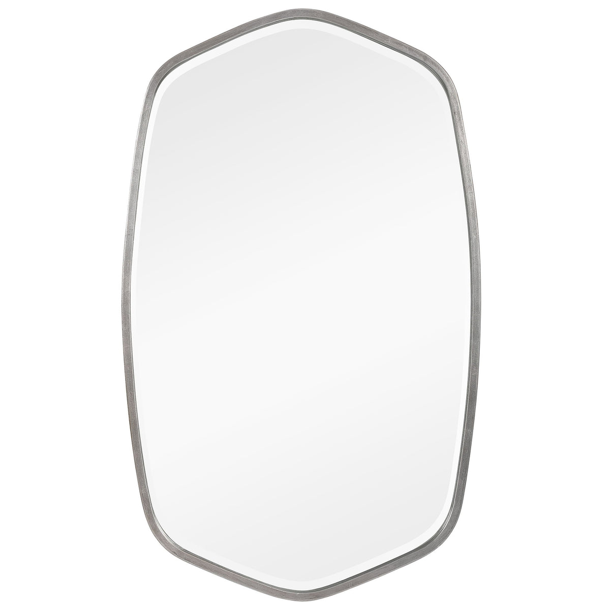 Uttermost Duronia iron wall mirror with a sleek, round frame hanging on a wall, reflecting a modern interior.