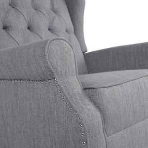 Gray Sheila contemporary fabric tufted wingback rocking chair by Noble House with cushioned armrests and wooden legs.