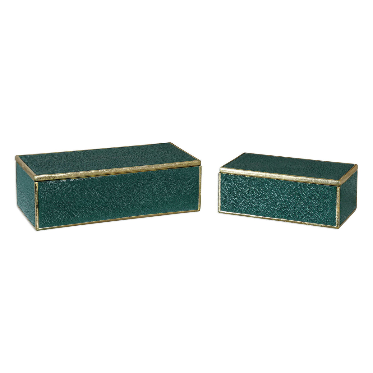 Set of two Uttermost Karis emerald green baskets, decorative storage boxes with woven texture and elegant design.