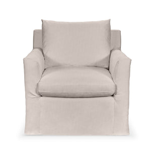 Classic Home Cassiano swivel chair with a plush fabric seat and a sturdy base, shown in a modern living room setting.