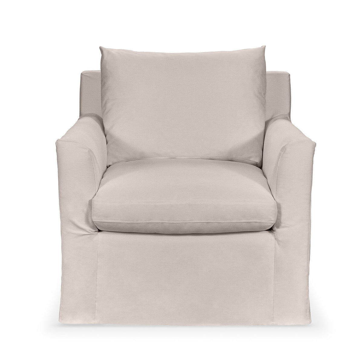 Classic Home Cassiano swivel chair with a plush fabric seat and a sturdy base, shown in a modern living room setting.