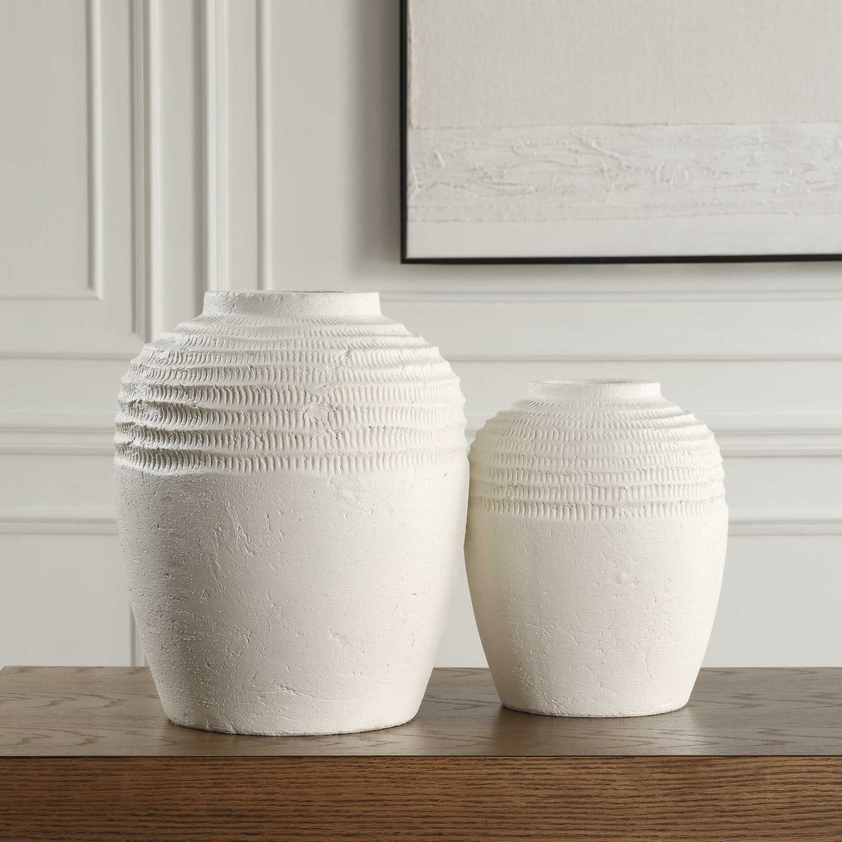 Luna - Ridge Ceramic Vases (Set of 2) - White