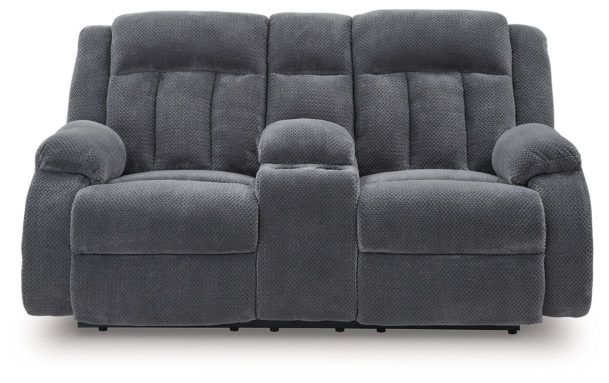 Observation - Double Reclining Power Loveseat With Console - Steel - R&R Furniture Gallery (Fountain Valley, CA)