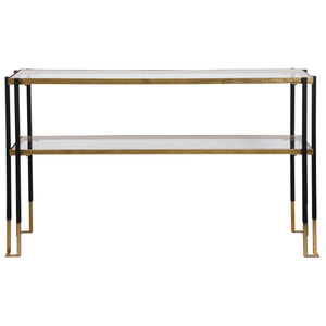 Uttermost Kentmore glass console table with sleek metal frame and transparent glass top, ideal for modern living spaces.