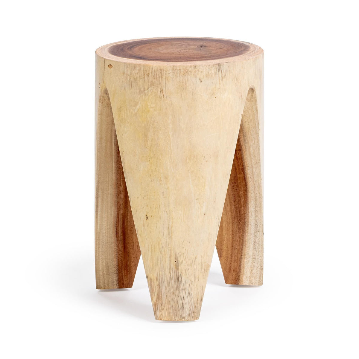 Classic Home Vela accent table with a round wooden top and sleek metal legs, perfect for living room decor.