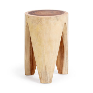 Classic Home Vela accent table with a round wooden top and sleek metal legs, perfect for living room decor.