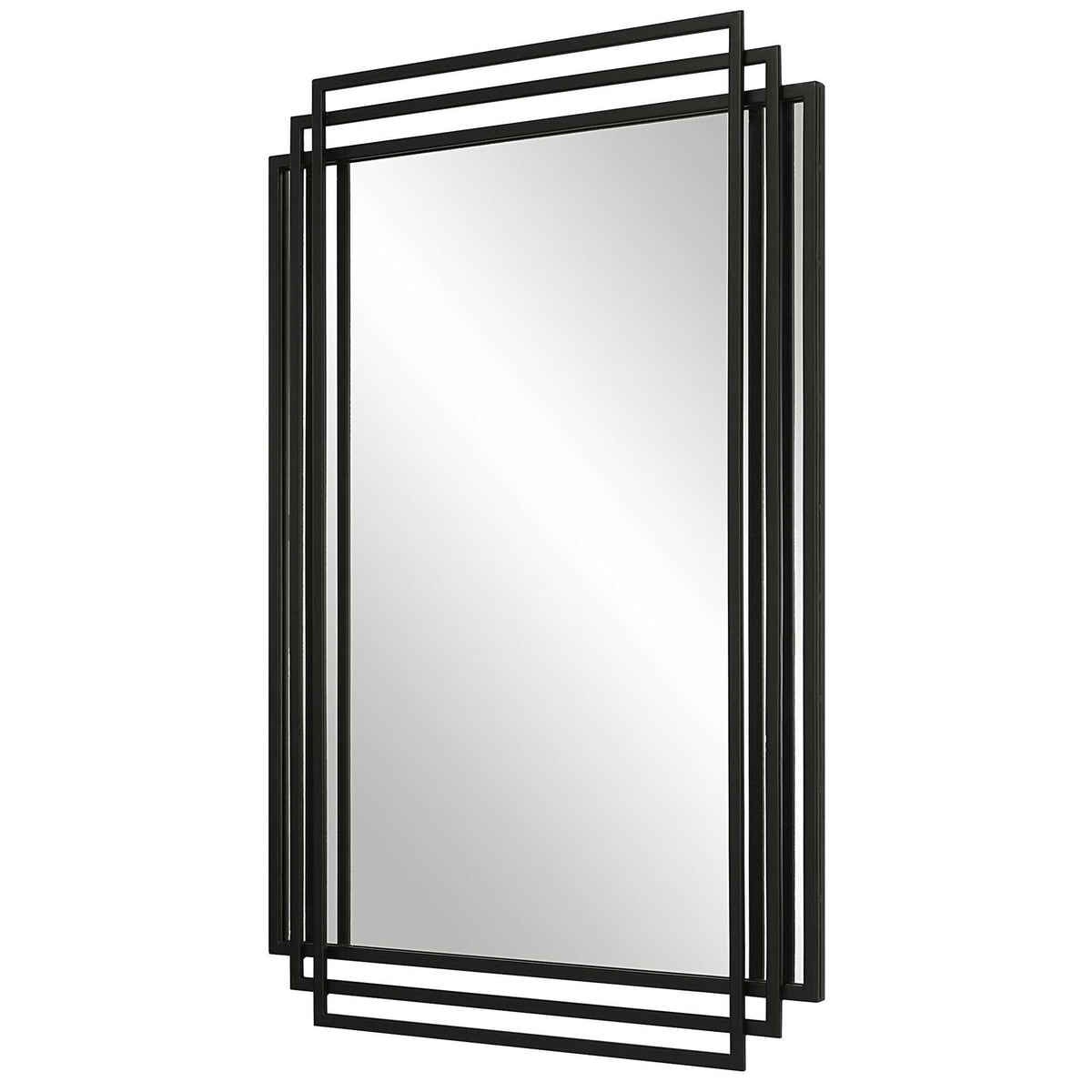 Uttermost Amherst wall mirror with a sleek, modern frame, hanging on a wall with a subtle reflection in the glass surface.