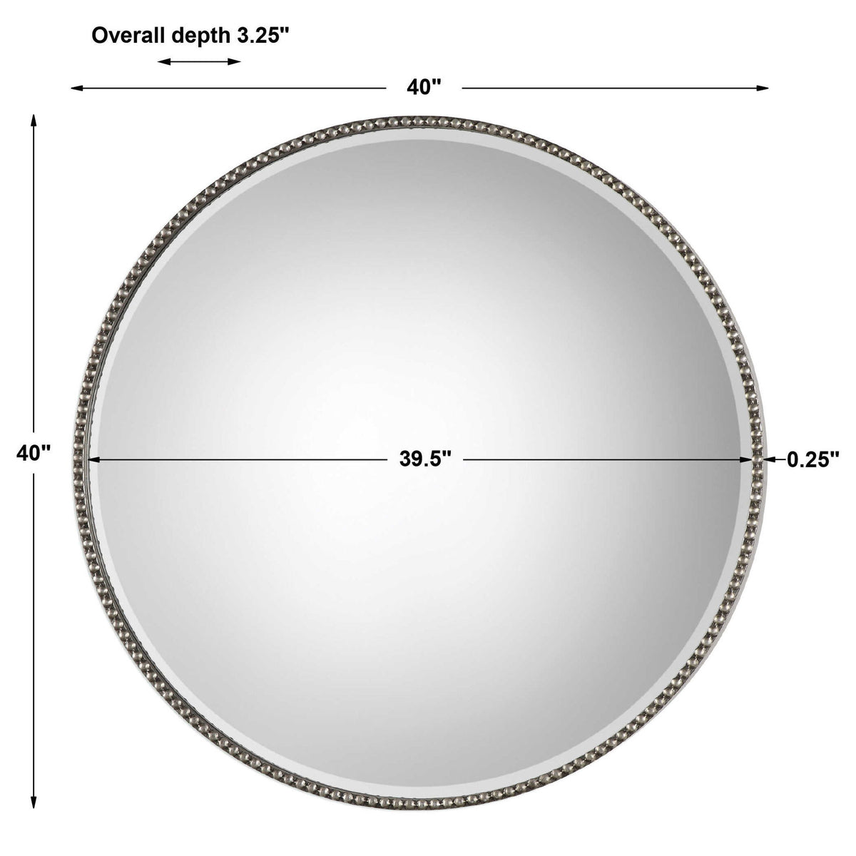 Beaded round wall mirror with pearl silver frame by Uttermost, featuring intricate beaded detailing and a reflective glass surface.