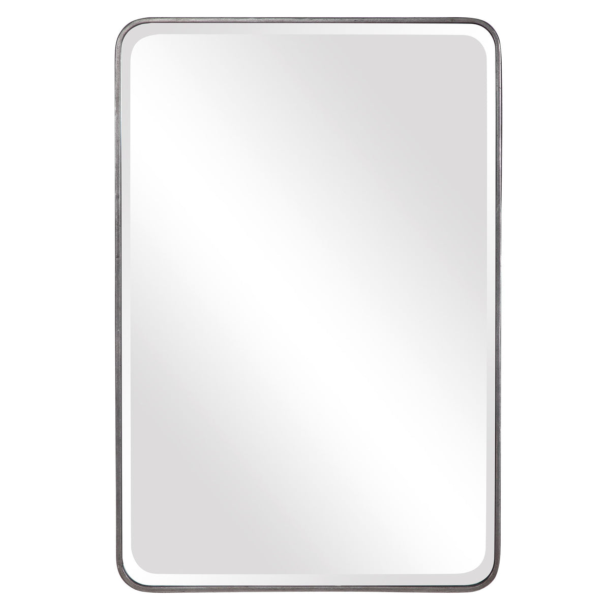 Uttermost Aramis silver wall mirror with a sleek rectangular frame hanging on a modern wall.