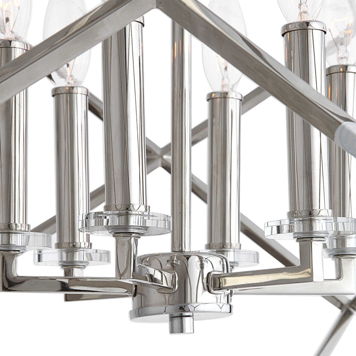 Uttermost Euclid 6-light nickel cube pendant lighting fixture with modern geometric design and sleek metal finish.