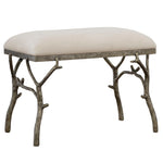 Uttermost Lismore small beige fabric accent bench with cushioned top and wooden legs, ideal for living room or bedroom decor.
