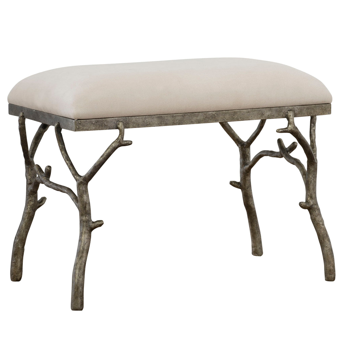 Uttermost Lismore small beige fabric accent bench with cushioned top and wooden legs, ideal for living room or bedroom decor.