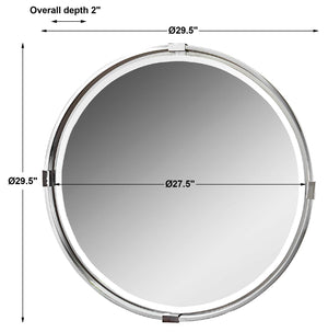 Uttermost Tazlina round wall mirror with brushed nickel finish, featuring a sleek, modern design and a smooth reflective surface.