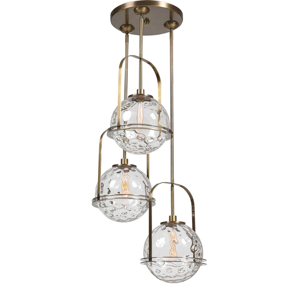 Uttermost Mimas 3-Light Gold Cluster Pendant Light fixture hanging with three pendant lamps in a modern gold finish.