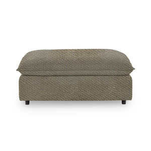Classic Home Caplan upholstered ottoman with a plush fabric top and wooden legs, versatile for living room or bedroom decor.